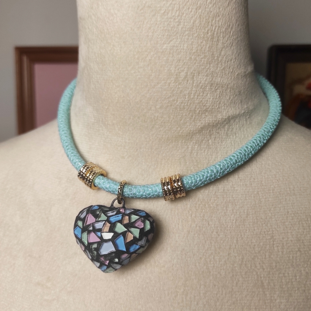 Mosaic Heart Pendant Necklace with Gold Accents